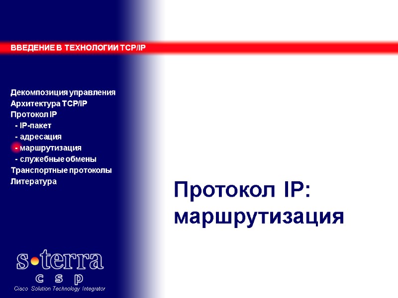 Протокол IP: маршрутизация ВВЕДЕНИЕ В ТЕХНОЛОГИИ TCP/IP    Декомпозиция управления Архитектура TCP/IP